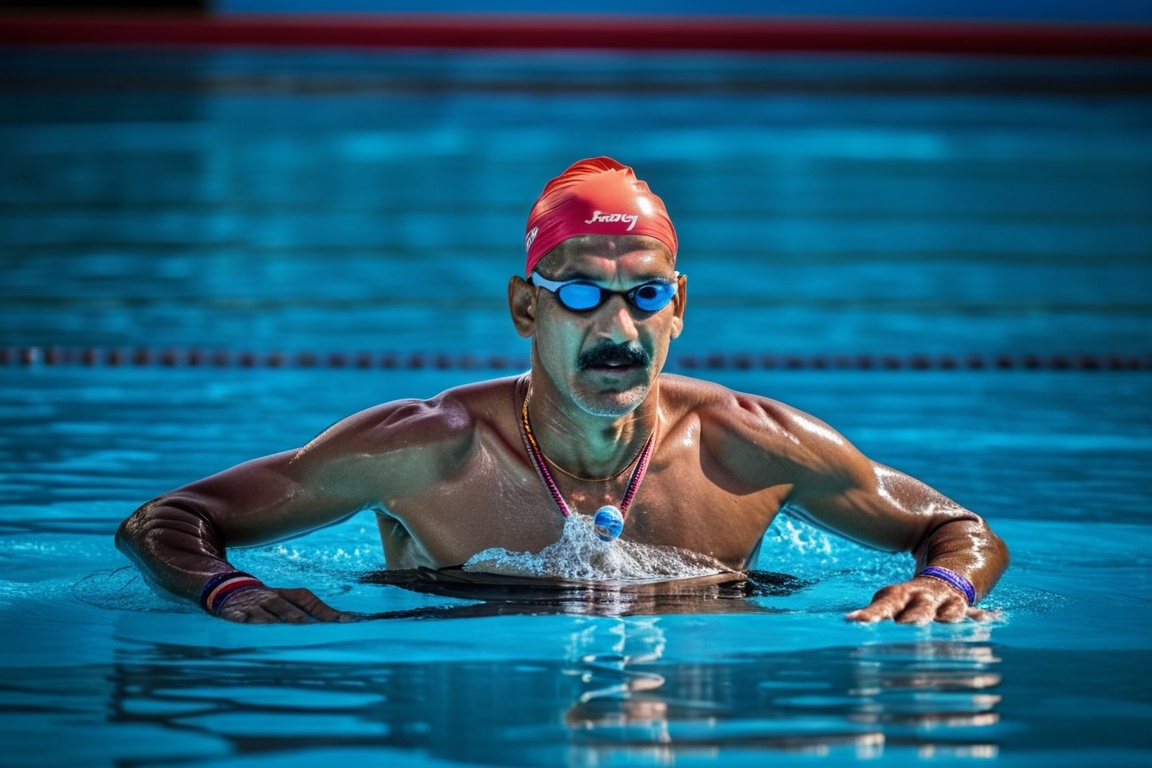 photograph of man 46 year old Hindu ,  swimmer swimming in competition ,  skin on Tensor.Art