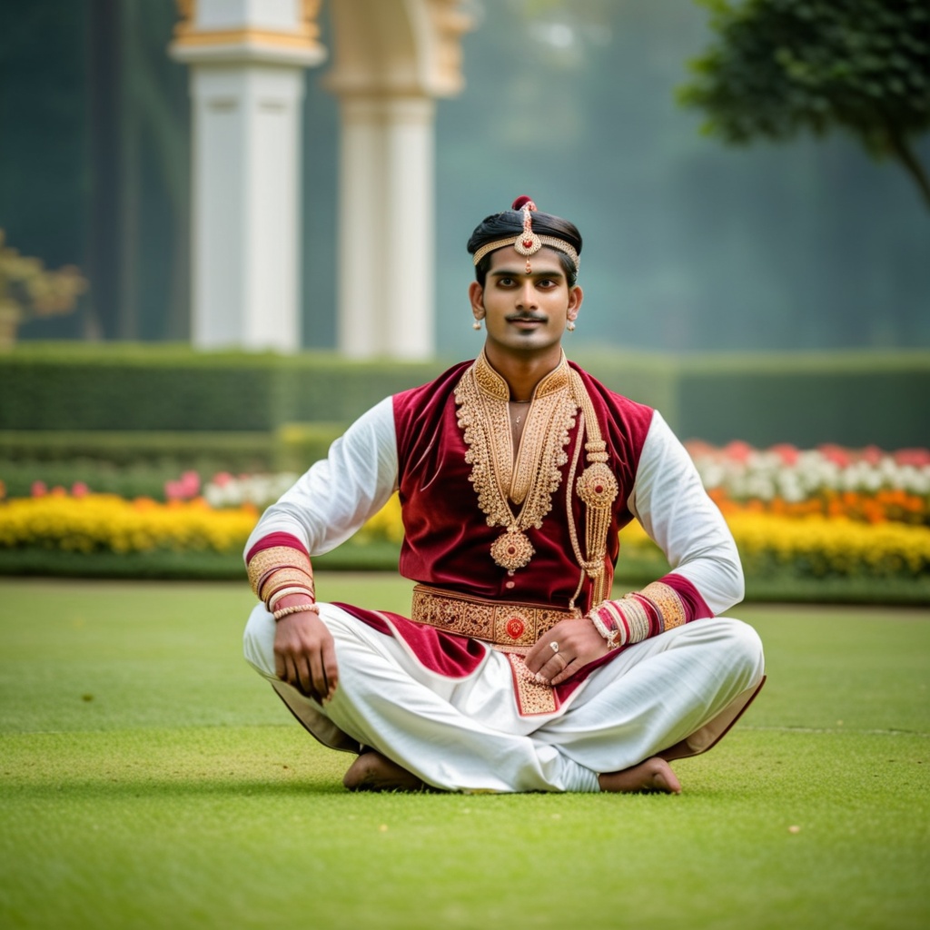 photograph of man 26 year old Hindu ,  as fantasy royal sitting on lawn in royal garden ,  skin on Tensor.Art