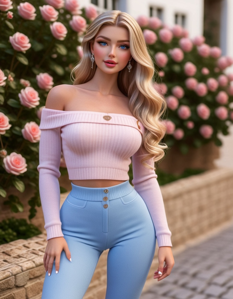 Create a hyper realistic image of a European woman in spring. She has long,  wavy dark blonde hair with soft waves that fr...