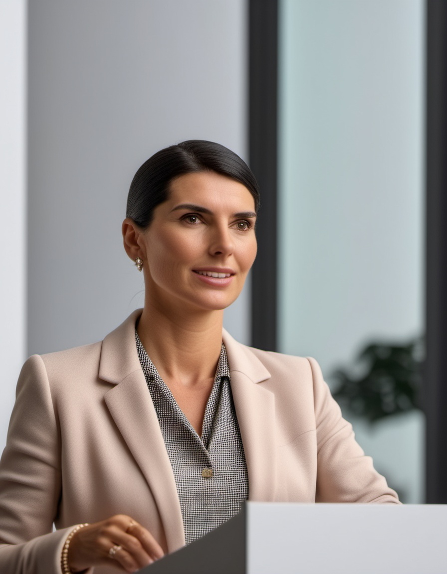 photograph of woman 36 year old Spanish ,  CEO giving a speech,  full shot on Tensor.Art