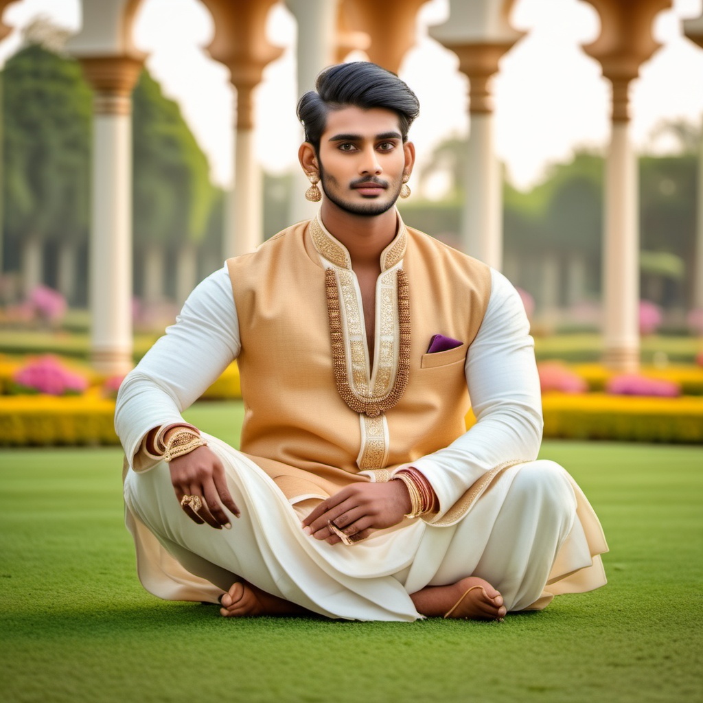 photograph of man 26 year old Hindu ,  as fantasy royal sitting on lawn in royal garden ,  skin on Tensor.Art