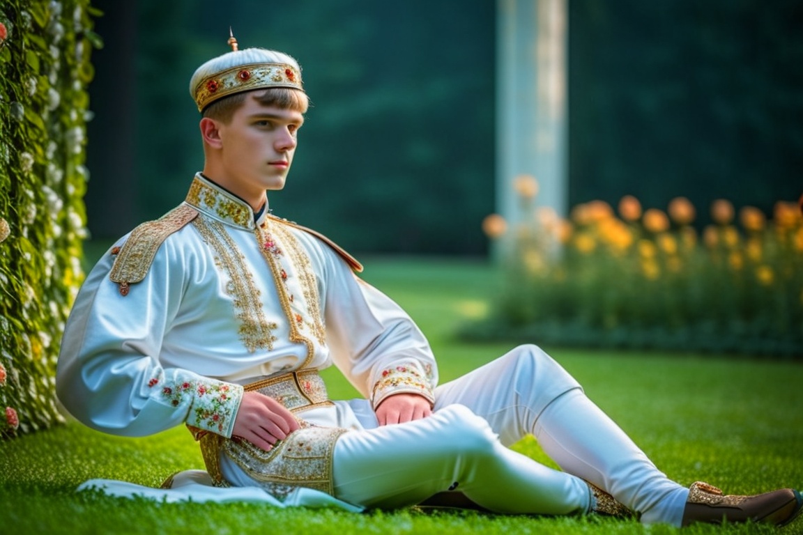 photograph of man 16 year old Russian ,  as fantasy royal sitting on lawn in royal garden ,  skin on Tensor.Art
