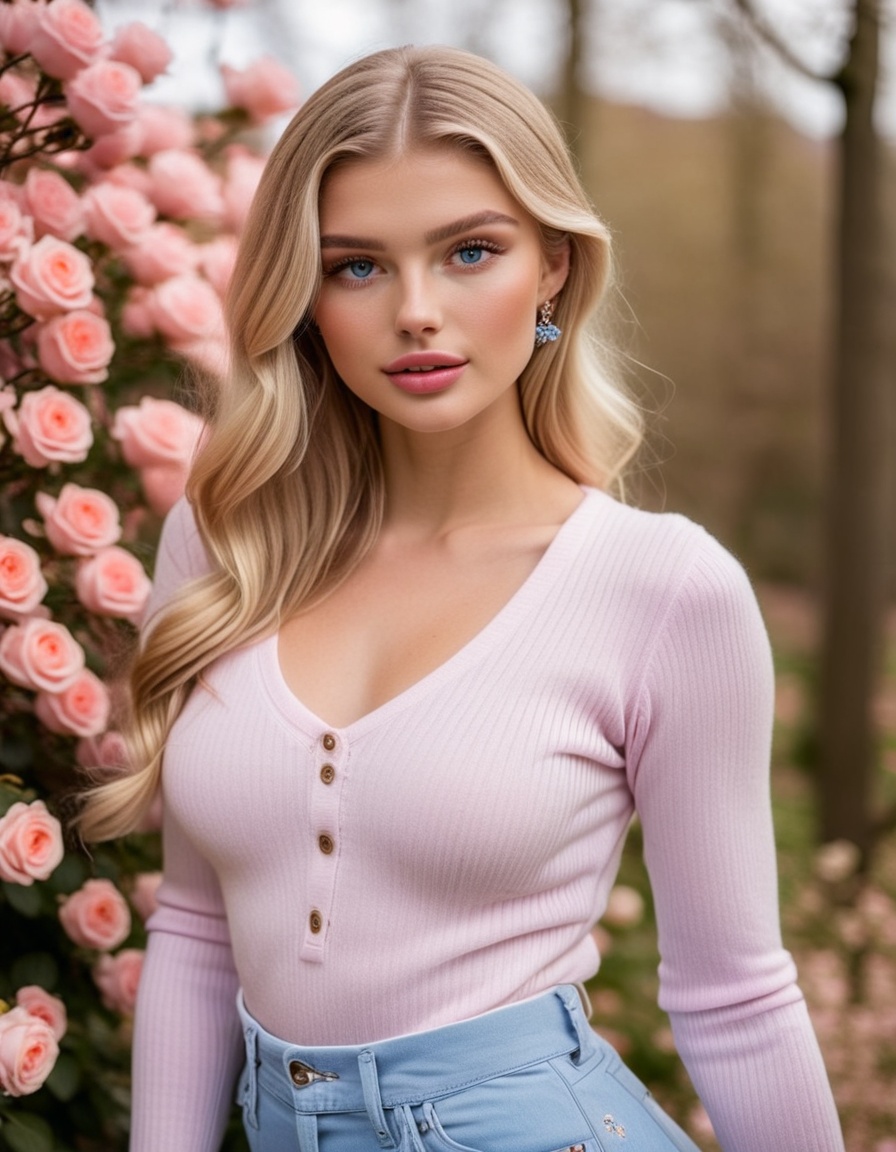 raw photo of a European woman in spring. She has long,  wavy dark blonde hair with soft waves that frame her face and fall...