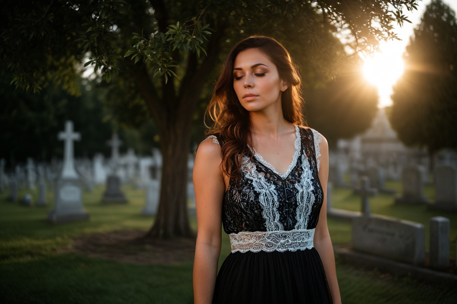 Photo. Profile of a woman in a lace summer dress. She is standing beside a tree with her eyes closed,  facing the morning...