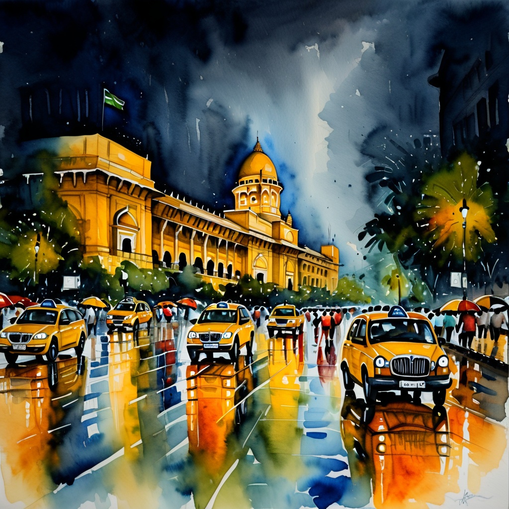 watercolor painting of connaught place,  delhi in ((rain)),  wide roads on Tensor.Art