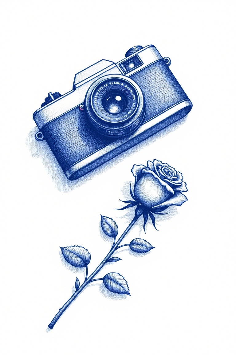 AnnRin_ballpoint,  blue ballpoint pen drawing,  hand drawn sketch of a vintage camera and rose on white surface on Tensor.Art
