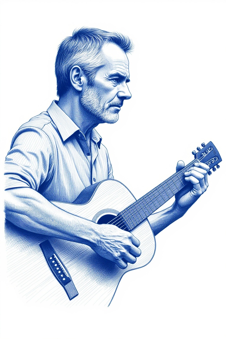 AnnRin_ballpoint,  blue ballpoint pen illustration,  hand drawn sketch of a mature man playing acoustic guitar on Tensor.Art