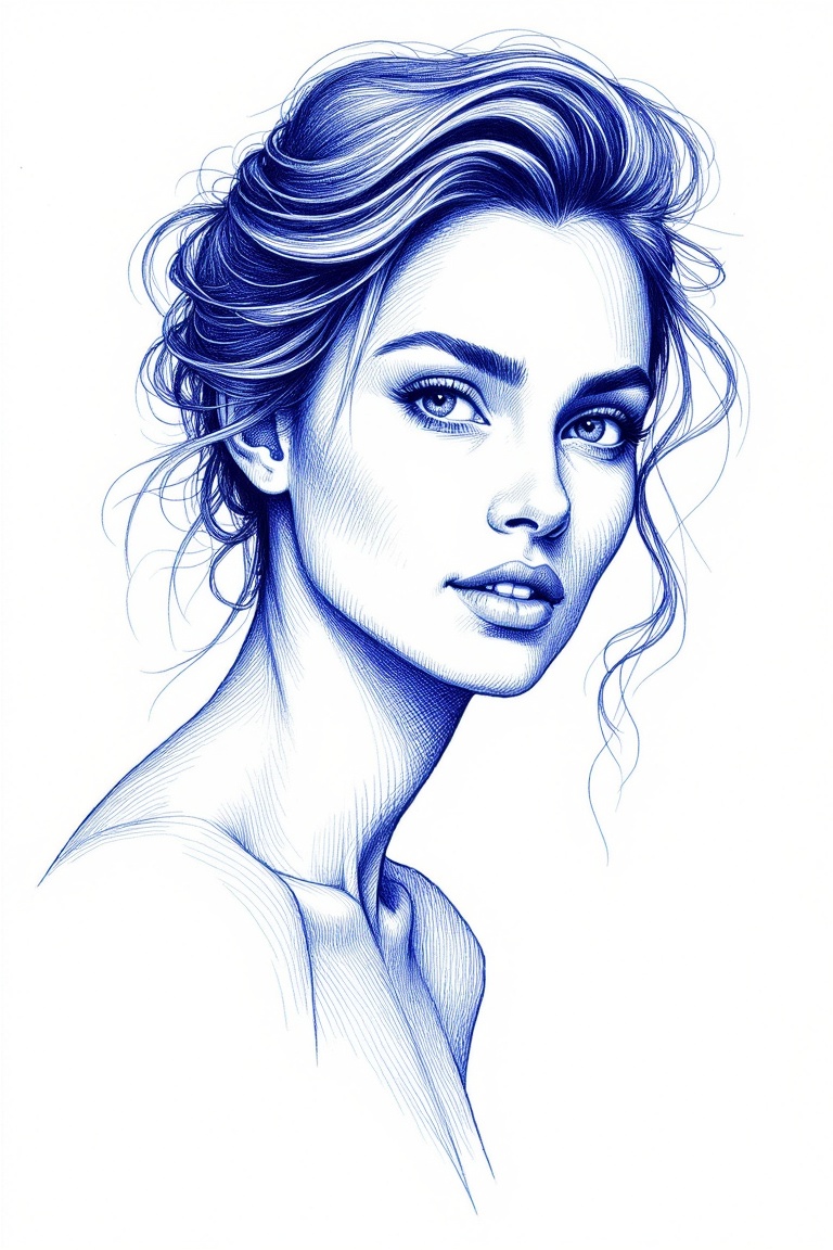 AnnRin_ballpoint,  blue ballpoint pen drawing,  artistic portrait sketch of a beautiful woman on Tensor.Art