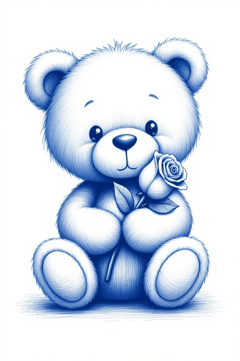 AnnRin_ballpoint,  blue ballpoint pen illustration,  hand drawn ink sketch of a cute teddy bear holding a rose on Tensor.Art