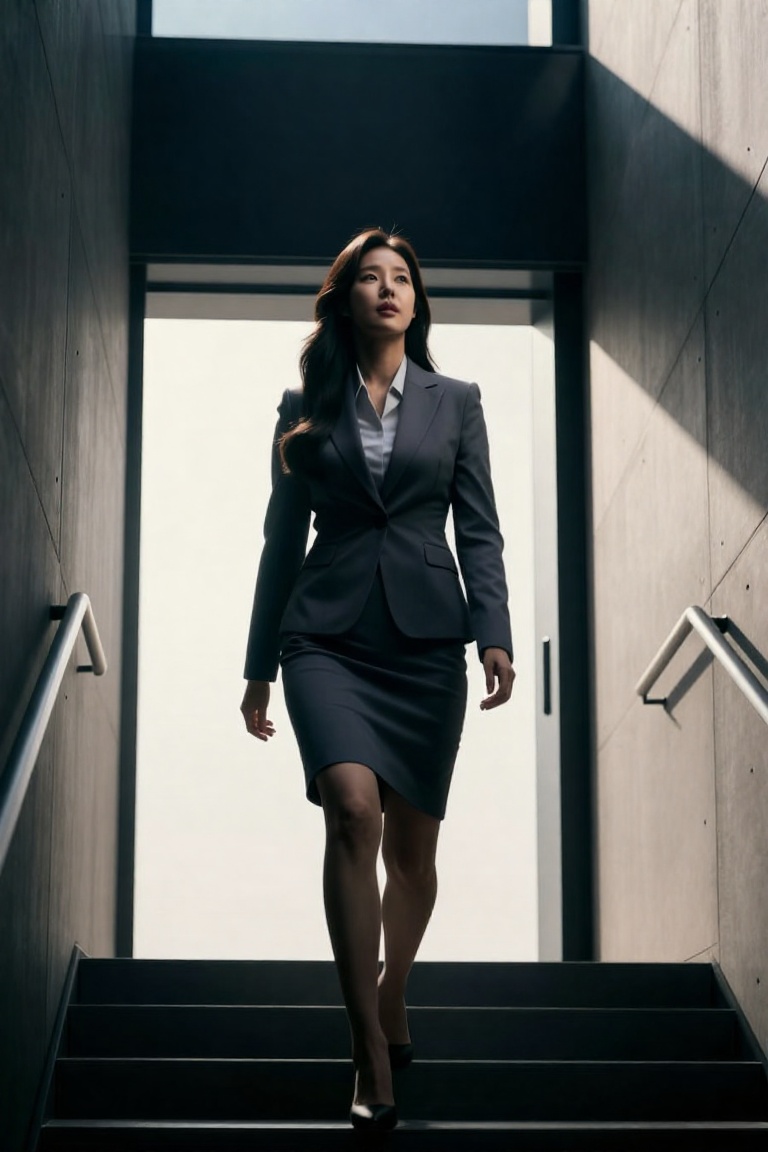 A beautiful Korean woman with long hair descends a staircase toward a secluded underground entrance of a high-end modern b...