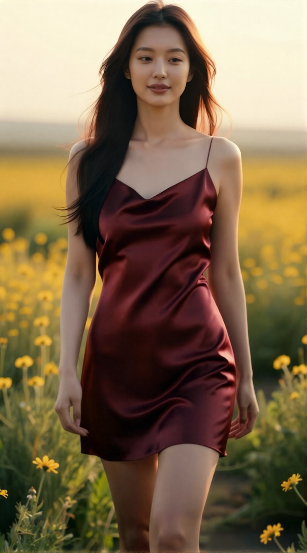 a 25yo Korean woman standing in a wildflower meadow at golden hour,  soft sunset backlight filtering through tall grass an...