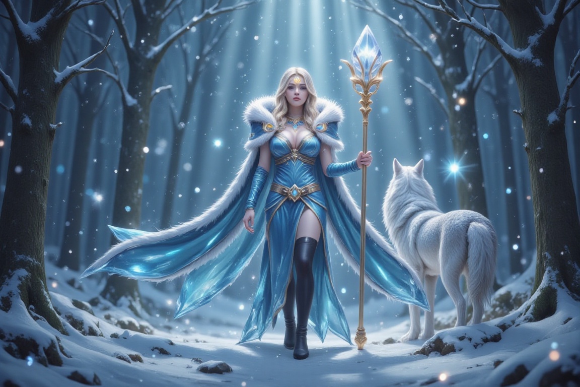 A 1girl stands in a frosty,  enchanted forest under a pelvic curtain of snowflakes,  her presence illuminated by neon magi...