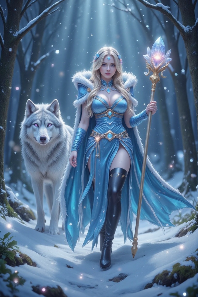 A 1girl stands in a frosty,  enchanted forest under a pelvic curtain of snowflakes,  her presence illuminated by neon magi...