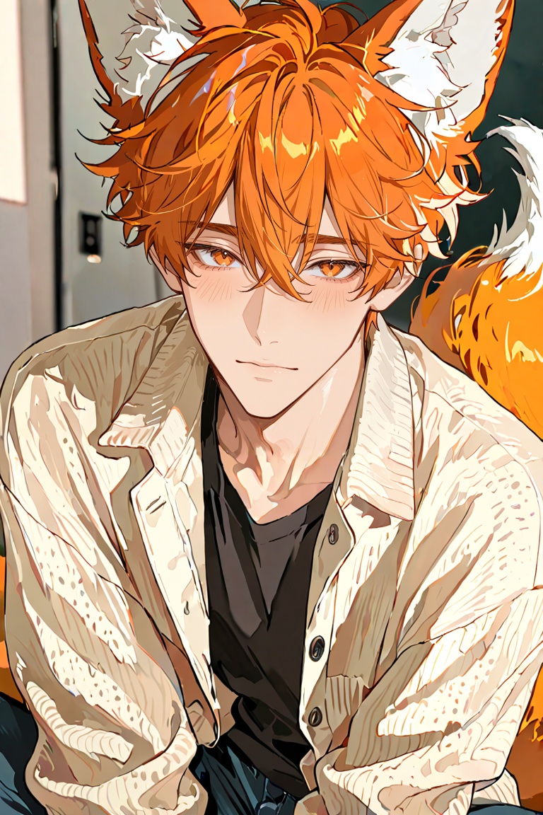 adorable shy demi-human male,  fox boy in his early 20s,  soft orange fluffy hair on Tensor.Art