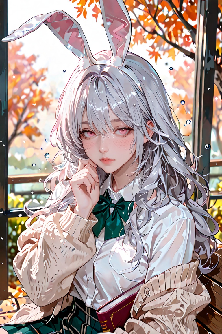 silver-haired bunny girl with long fluffy hair,  soft pink eyes,  realistic rabbit ears growing from her head on Tensor.Art