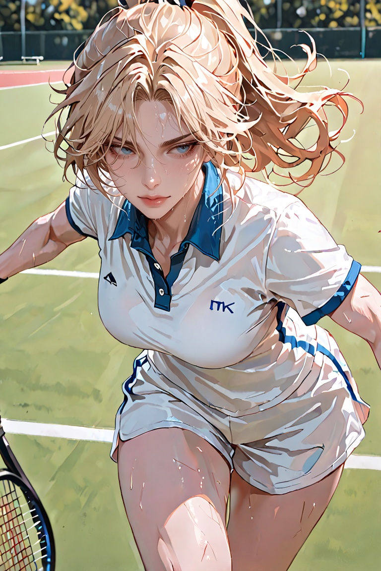 A woman with blonde hair,  tennis shorts and shirt,  holding tennis racket on Tensor.Art