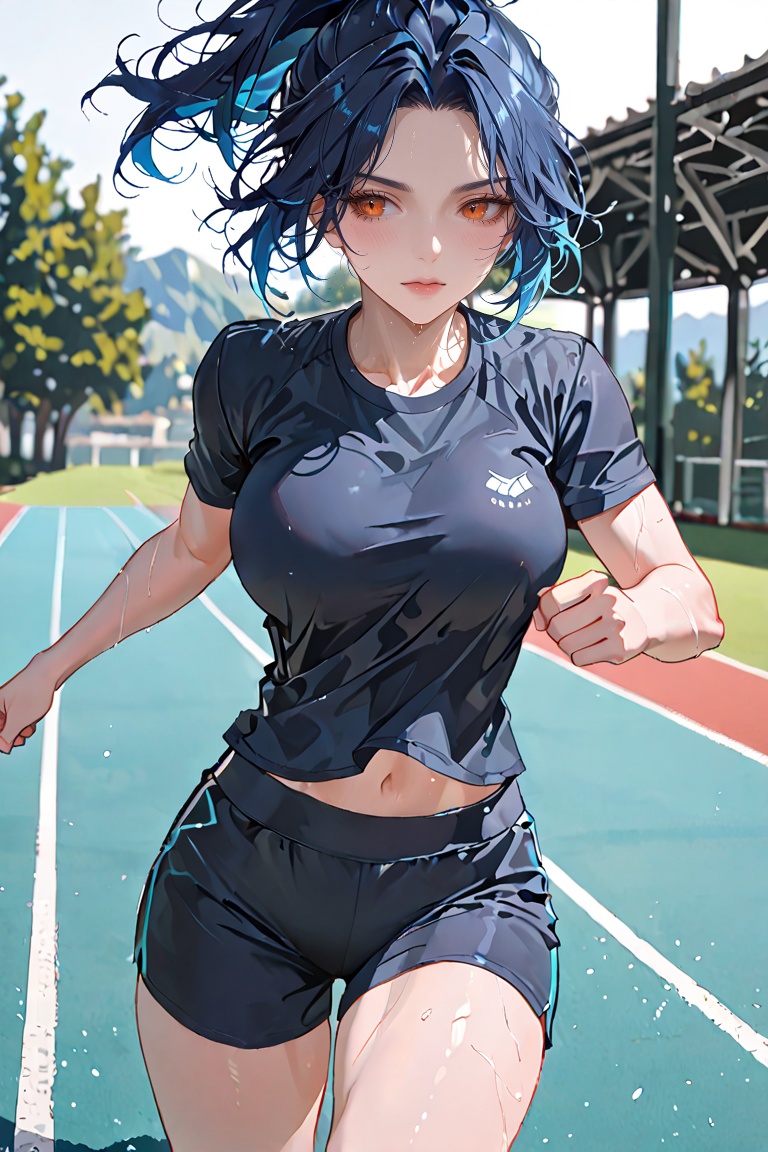 blue haired woman,  in her early 30s,  jogging on Tensor.Art