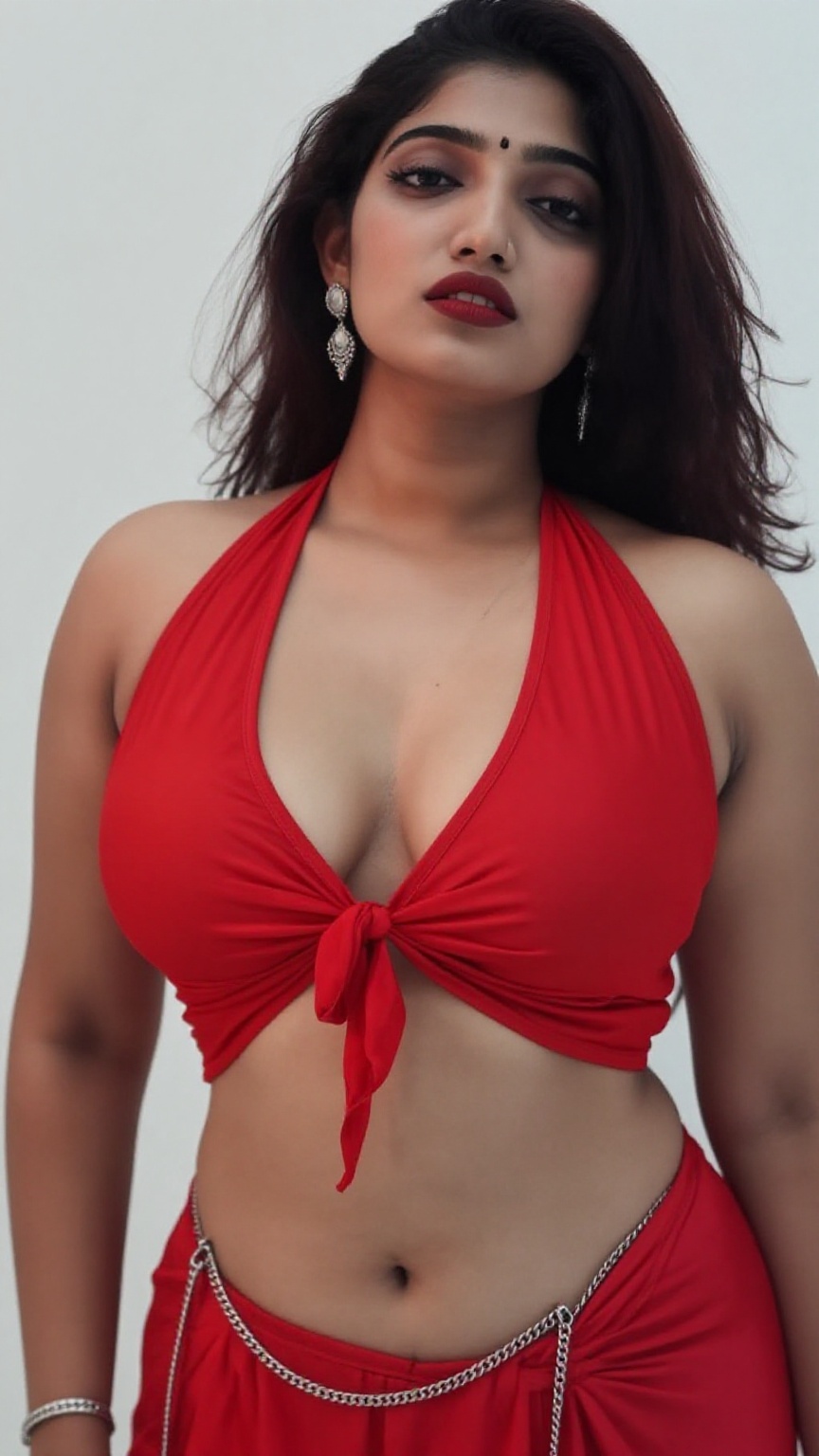 Photograph of a young woman with medium fair skin and long,  dark brown hair. She has a curvy physique with huge and large...