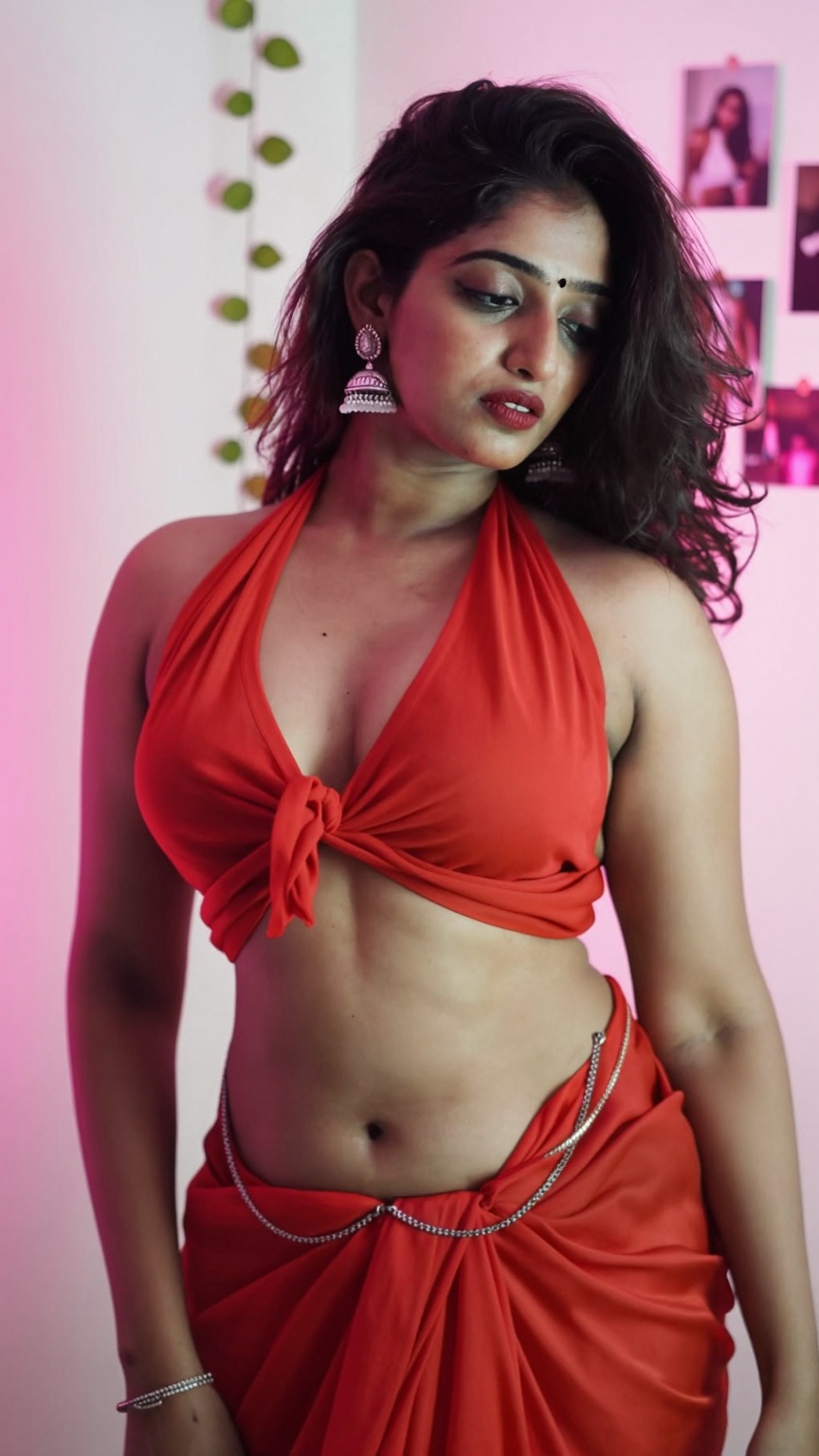 Photograph of a young Indian woman with medium fair skin and long,  dark brown hair. She has a curvy physique with large b...