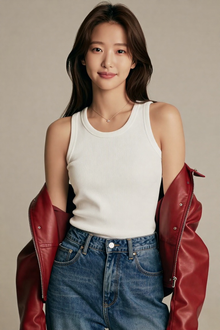 A clean editorial fashion portrait of a young Korean woman with a medium long hair,  standing against a soft neutral studi...