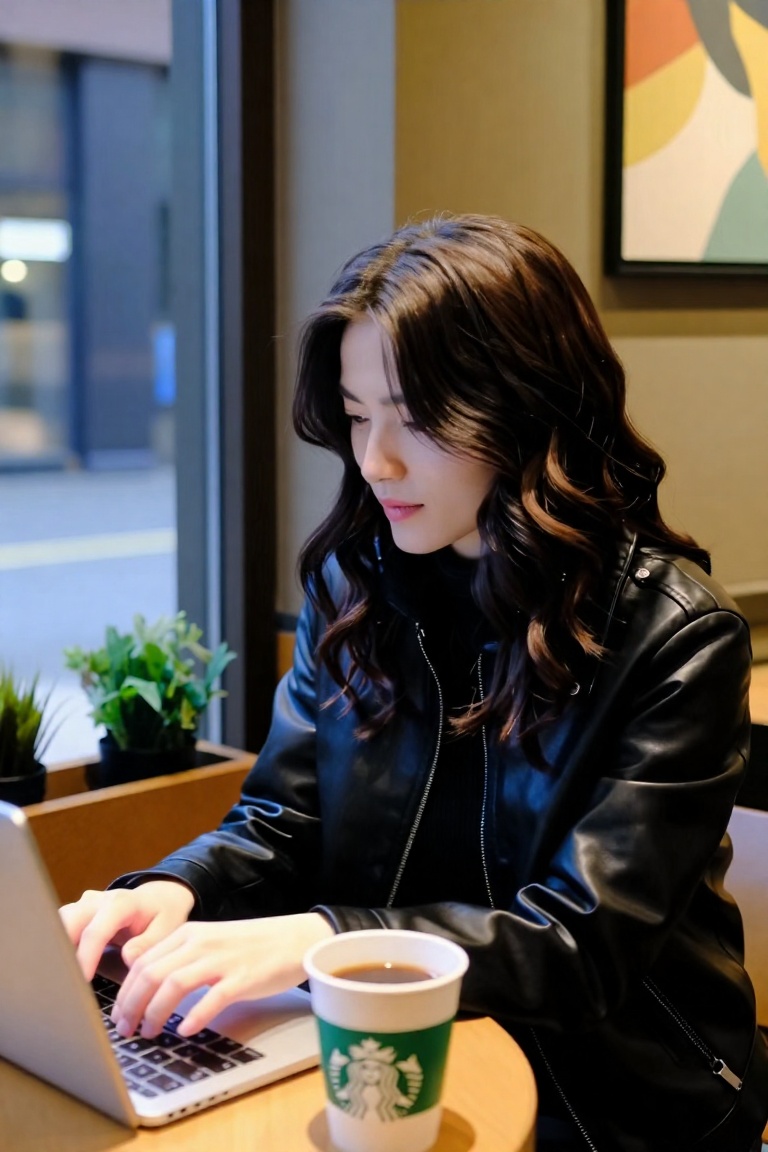 A candid lifestyle photo of a young woman sitting at her favorite café,  a coffee cup placed beside her on the table,  cas...