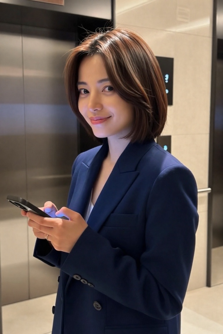 A candid indoor scene near an apartment lobby or elevator area. A beautiful young urban woman stands casually,  exquisite...