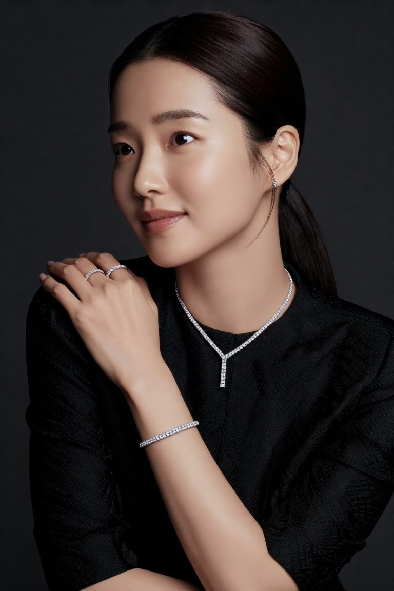 An elegant luxury editorial portrait of a 20yo Korean woman posed against a dark,  softly textured studio background. She...