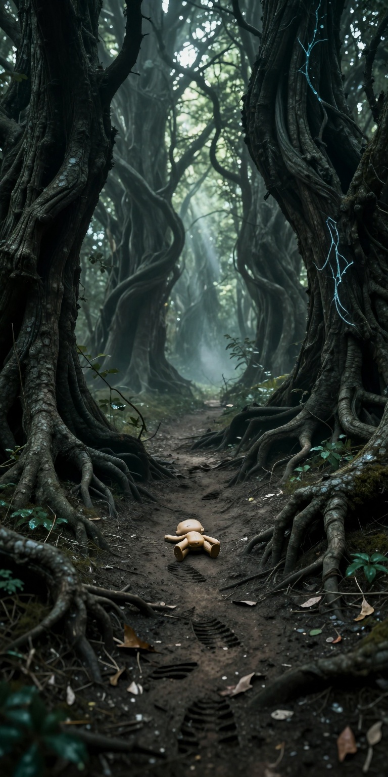 Dark fantasy photorealistic forest scene showing the moment after a child’s disappearance along an ancient woodland path....