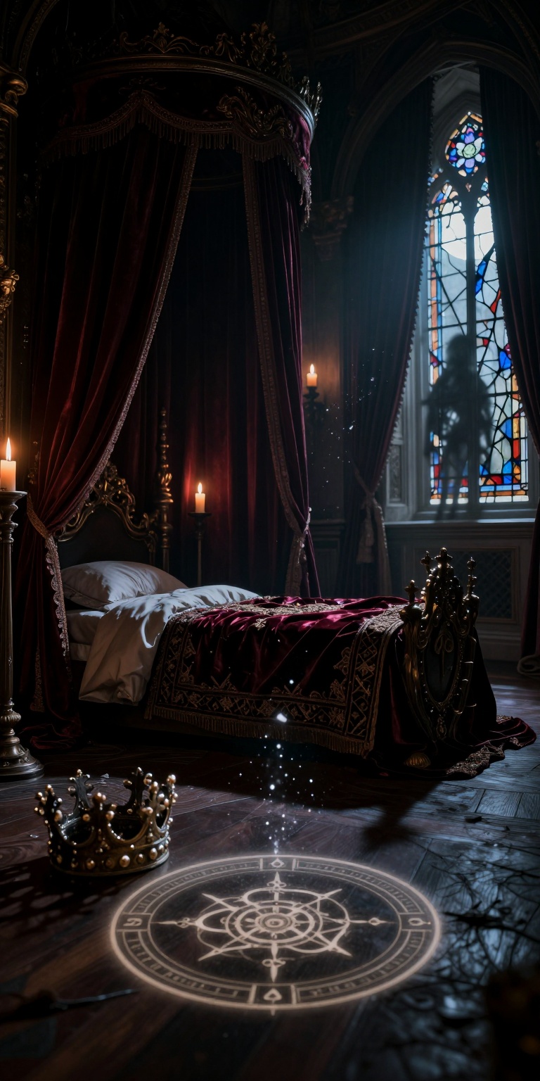 Ultra-realistic dark fantasy interior scene of a royal bedroom moments after a mysterious disappearance. The room is lavis...