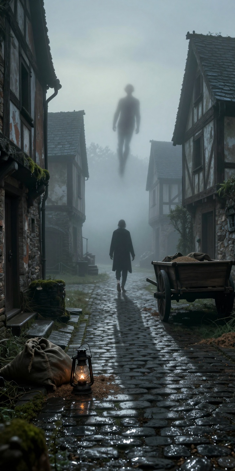 Photorealistic dark fantasy scene depicting a sudden supernatural disappearance in a fog-drenched medieval village at dawn...