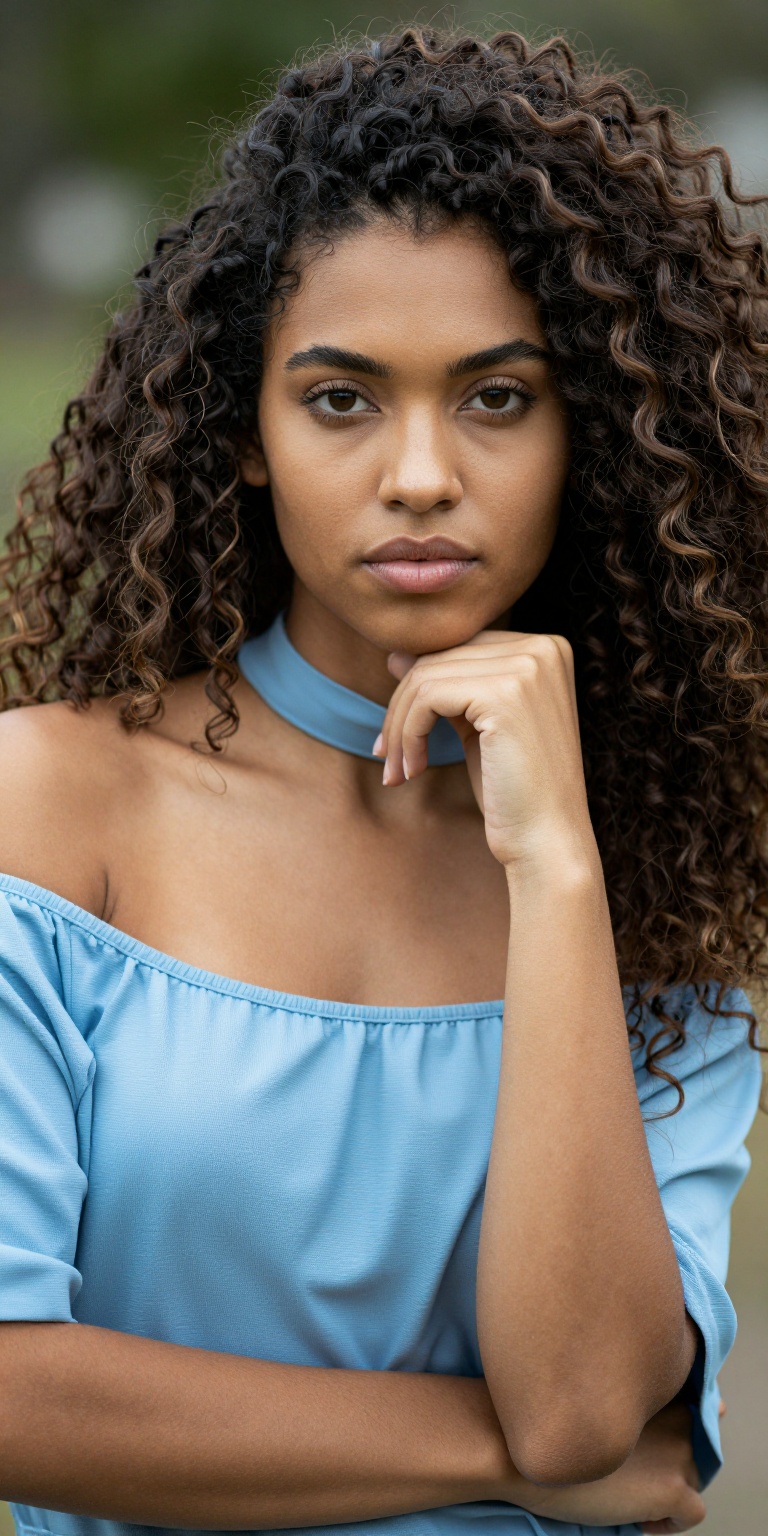 a portrait of a young woman with curly hair. She is wearing a light blue off-the-shoulder top with a choker necklace. Her...