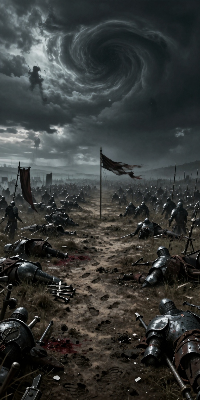 Epic dark fantasy landscape illustrating mass disappearance on a battlefield long after the fighting has ended. The field...