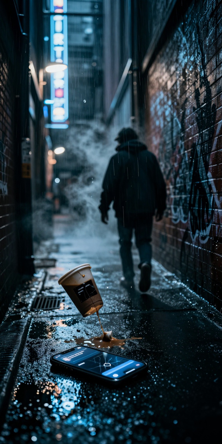 Cinematic dark fantasy urban scene of a modern city alley where a person has mysteriously disappeared mid-stride. The alle...