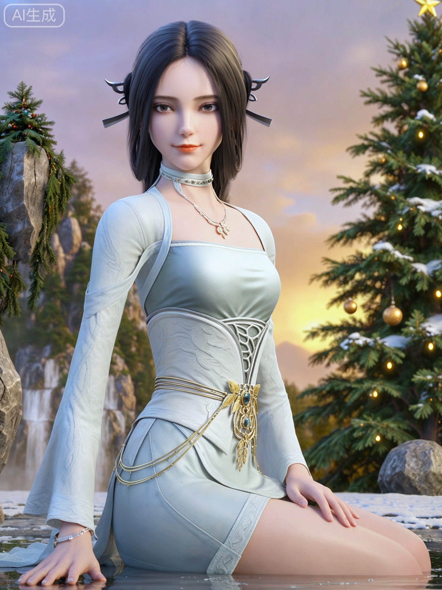 score_9,score_8_up,score_7_up,masterpiece,(best quality),(intricate details:0.9) BREAK (intricate details:0.9),(realistic skin:1.2),masterpiece,best quality,newest,absurdres,hiahres,1girl,jewelry,hair ornament,dress,necklace,lips,eyeshadow,bracelet,tassel,(8k ultra-clear, pony style),photo pose 0.6, micro-expression: soft smile 0.3, half-body + medium shot 0.7,1girl,looking_at_viewer,1boy,hair,realistic,photorealistic,Vivid Colors,bright environment,shiny skin,shiny hairjewelry,detail eyes,Eyes highlights,glowing,sunshine,bright,reflection,bright,sunshine on face,shiny,shinny,petite,thin,leg slimming,lose weight,slim hips,lakeside,delicate water,reflection,(full body:0.5)sitting_down,eyelashes,snow,Winter,Snowy landscape,Snow accumulation,Christmas tree,