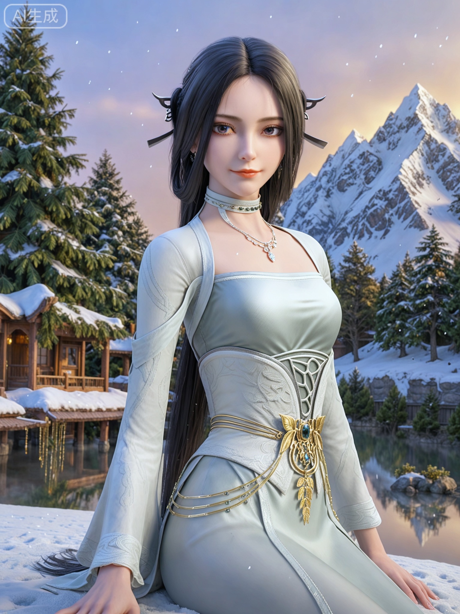 score_9,score_8_up,score_7_up,masterpiece,(best quality),(intricate details:0.9) BREAK (intricate details:0.9),(realistic skin:1.2),masterpiece,best quality,newest,absurdres,hiahres,1girl,jewelry,hair ornament,dress,necklace,lips,eyeshadow,bracelet,tassel,(8k ultra-clear, pony style),photo pose 0.6, micro-expression: soft smile 0.3, half-body + medium shot 0.7,1girl,looking_at_viewer,1boy,hair,realistic,photorealistic,Vivid Colors,bright environment,shiny skin,shiny hairjewelry,detail eyes,Eyes highlights,glowing,sunshine,bright,reflection,bright,sunshine on face,shiny,shinny,petite,thin,leg slimming,lose weight,slim hips,lakeside,delicate water,reflection,(full body:0.5)sitting_down,eyelashes,snow,Winter,Snowy landscape,Snow accumulation,Christmas tree,