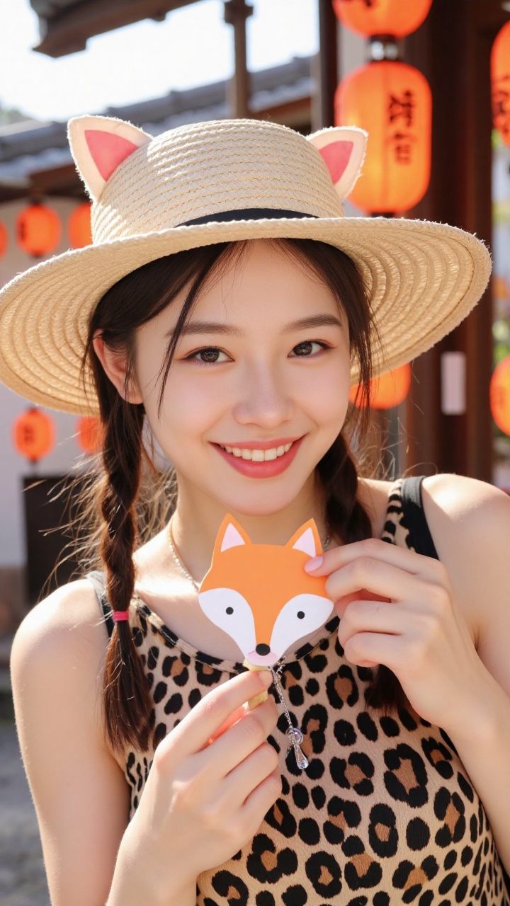 A smiling young woman in a straw hat with cat ears holds a fox-shaped paper charm. She wears a leopard-print top,  braided...