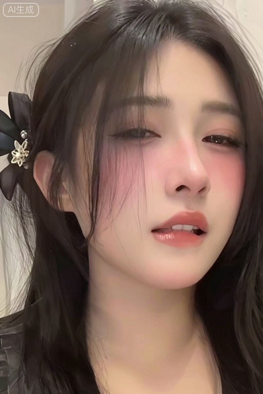 嘴唇微微张开,没有完全闭合,上牙的一小部分可能会暴露出来,就像咬下唇一样。（严重脸红：1.4）,脸红了,
采用低角度仰拍构图画面中的28岁女人,精致熟女风格穿搭,搭配精致发饰,纯欲风,偶像气质,,透着慵懒气息,鬓角发丝凌乱自然垂落,为她增添了几分随性。采用微距镜头半身拍摄,聚焦于她脸部表情,将每一处细节都清晰展现。