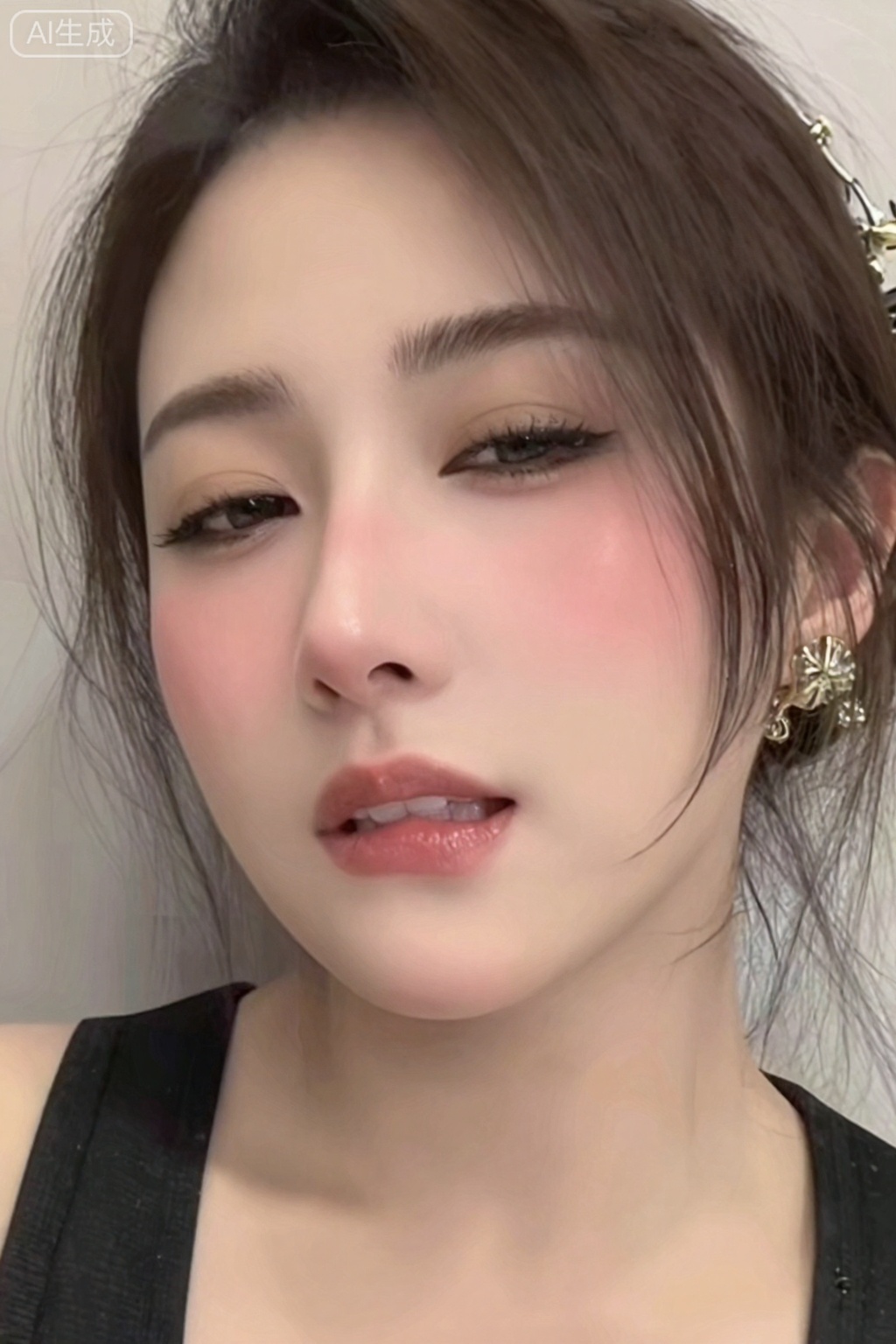 嘴唇微微张开,没有完全闭合,上牙的一小部分可能会暴露出来,就像咬下唇一样。（严重脸红：1.4）,脸红了,
采用低角度仰拍构图画面中的28岁女人,精致熟女风格穿搭,搭配精致发饰,纯欲风,偶像气质,,透着慵懒气息,鬓角发丝凌乱自然垂落,为她增添了几分随性。采用微距镜头半身拍摄,聚焦于她脸部表情,将每一处细节都清晰展现。