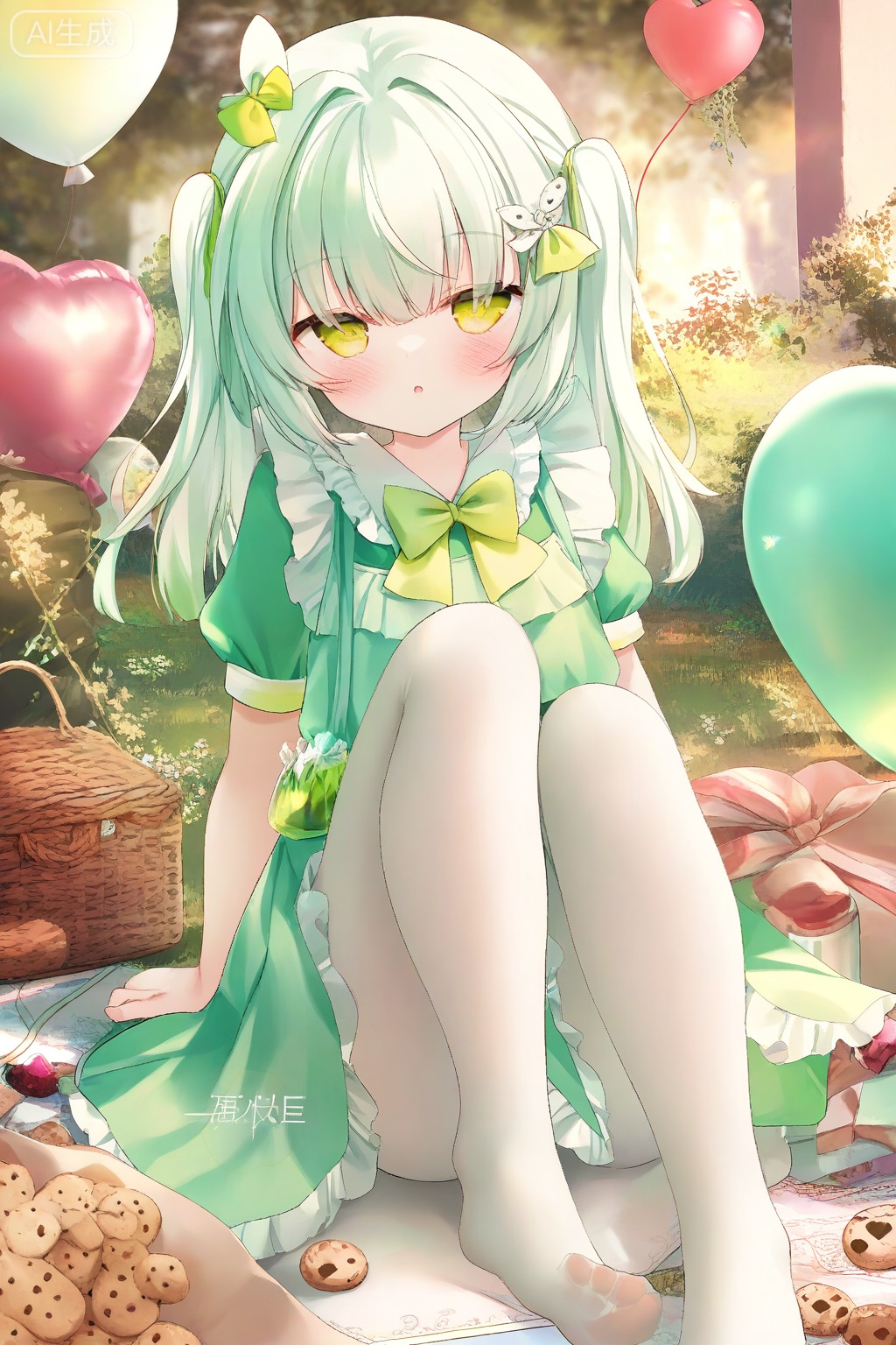 chen_bin,1girl, balloon, bow, bowtie, cookie, dress, food, green bow, green dress, green eyes, green hair, green ribbon, hair ornament, heart balloon, long hair, looking at viewer, pantyhose, parted lips, pouch, ribbon, short sleeves, solo, watermark, white pantyhose, yellow bow, yellow bowtie