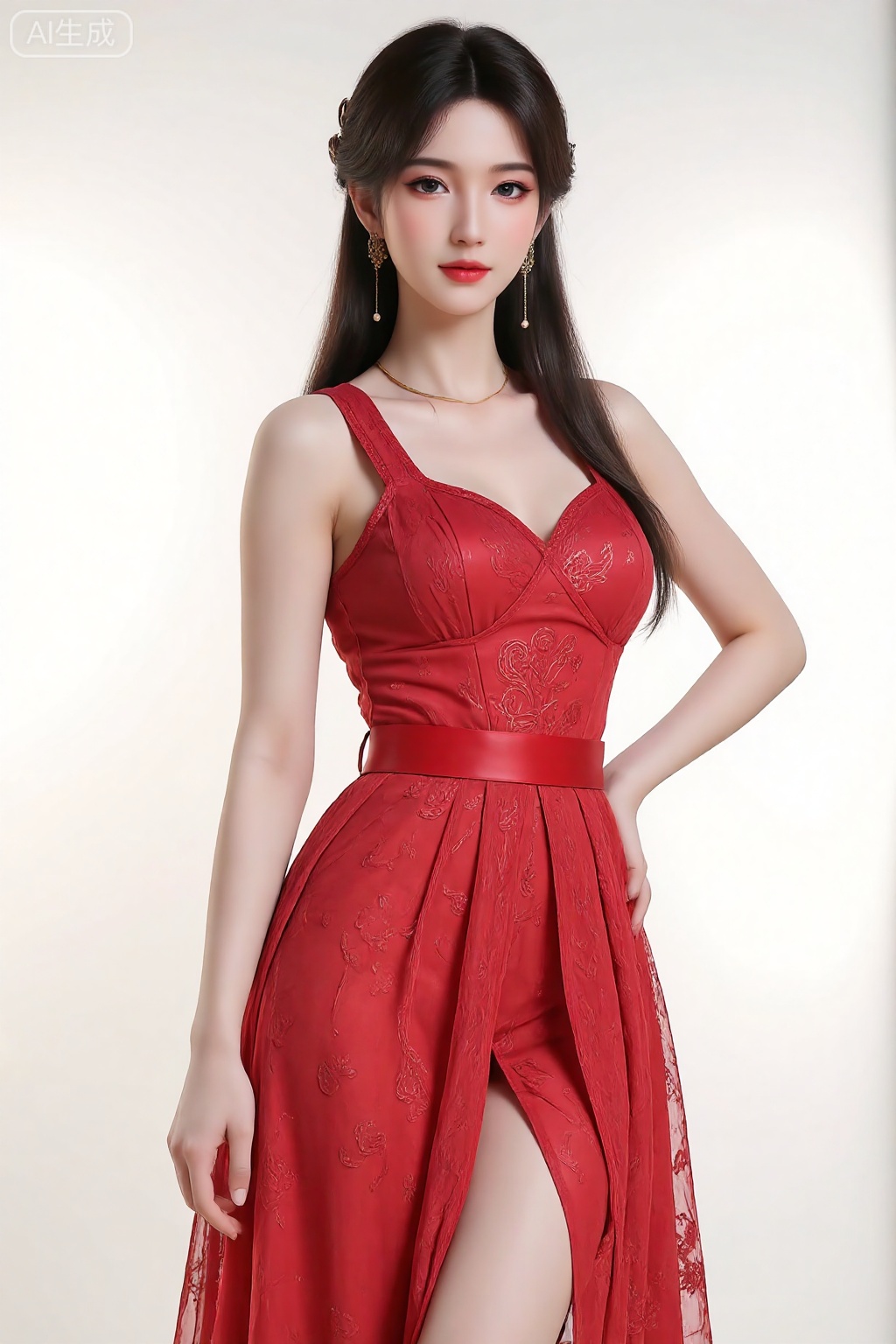 A girl,charming and elegant dress,fashionable and luxurious,Red lace underwear,with black eyes,advertising photography,white background,standing posture,upper body photo,advertising blockbuster photography,realistic,exquisite,high-definition,8K,perfect facial details,the best quality,