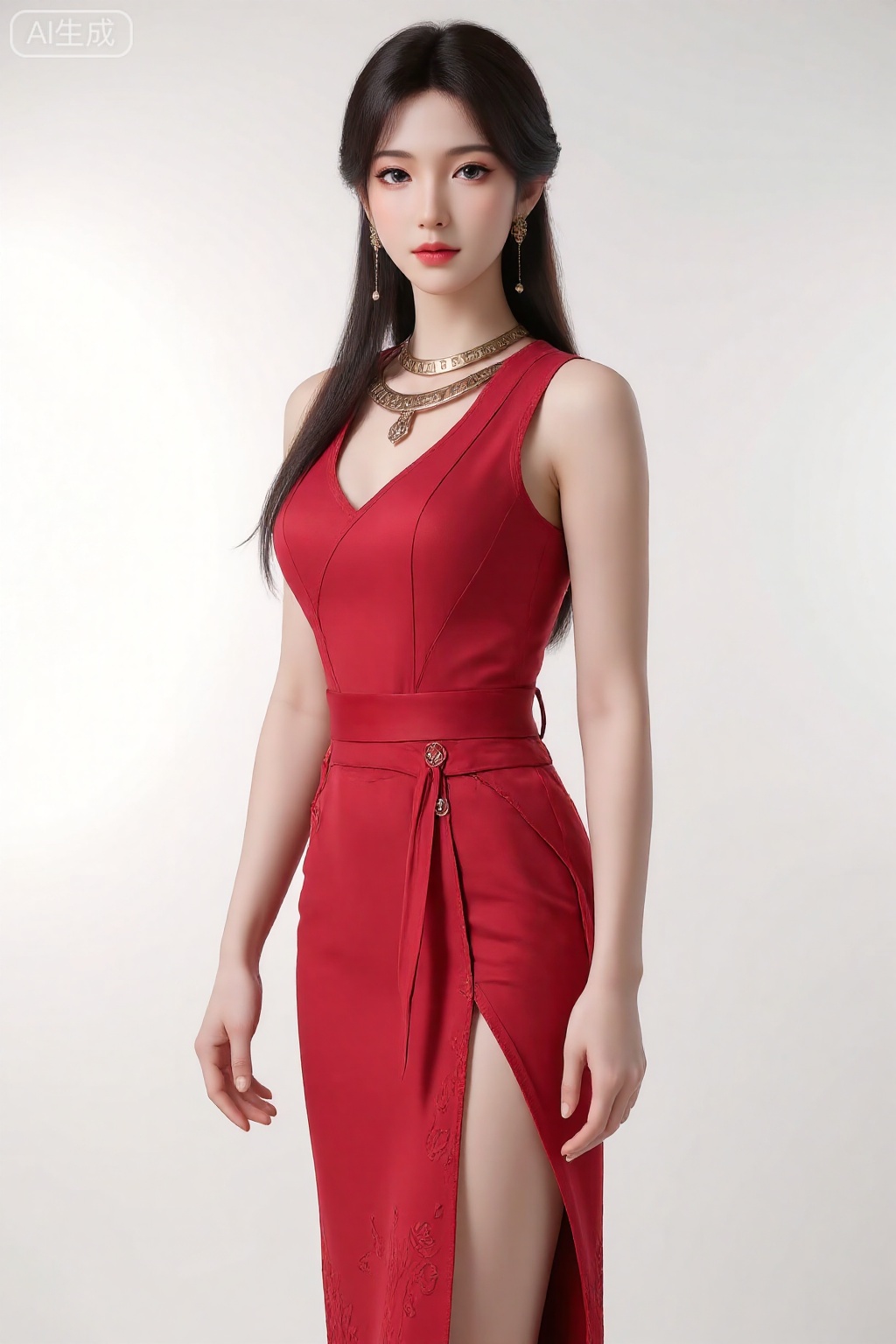 A girl,charming and elegant dress,fashionable and luxurious,Red lace underwear,with black eyes,advertising photography,white background,standing posture,upper body photo,advertising blockbuster photography,realistic,exquisite,high-definition,8K,perfect facial details,the best quality,