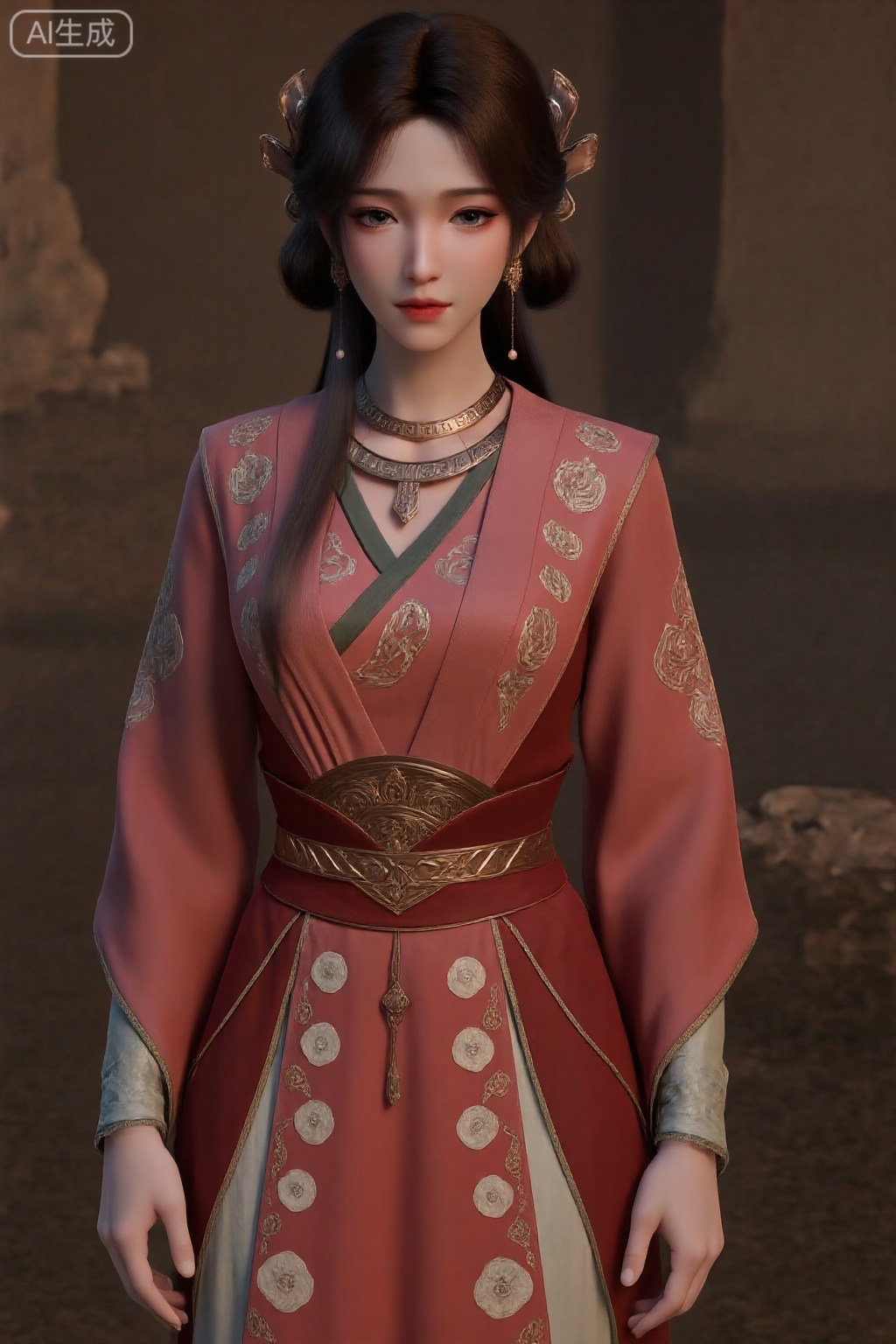 A girl,Beautiful Chinese girl in hanfu,The clothes is a striking red color adorned with intricate white floral patterns,featuring a mix of large and small flowers,and is cinched at the waist with a sash.,