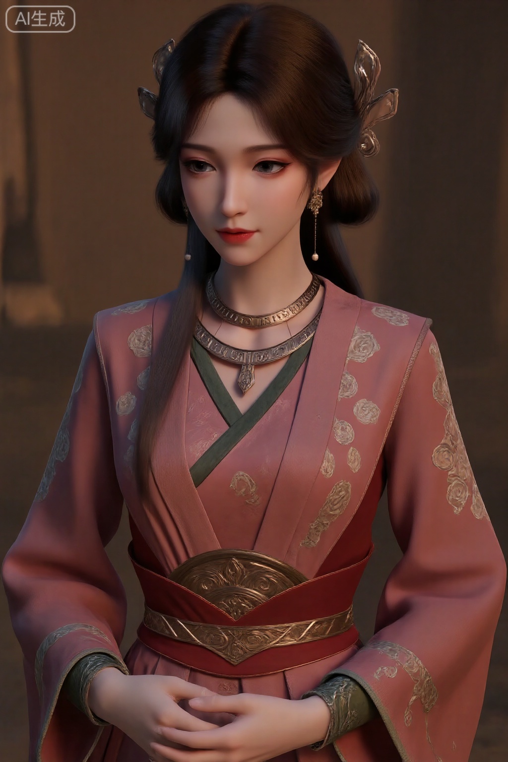 A girl,Beautiful Chinese girl in hanfu,The clothes is a striking red color adorned with intricate white floral patterns,featuring a mix of large and small flowers,and is cinched at the waist with a sash.,