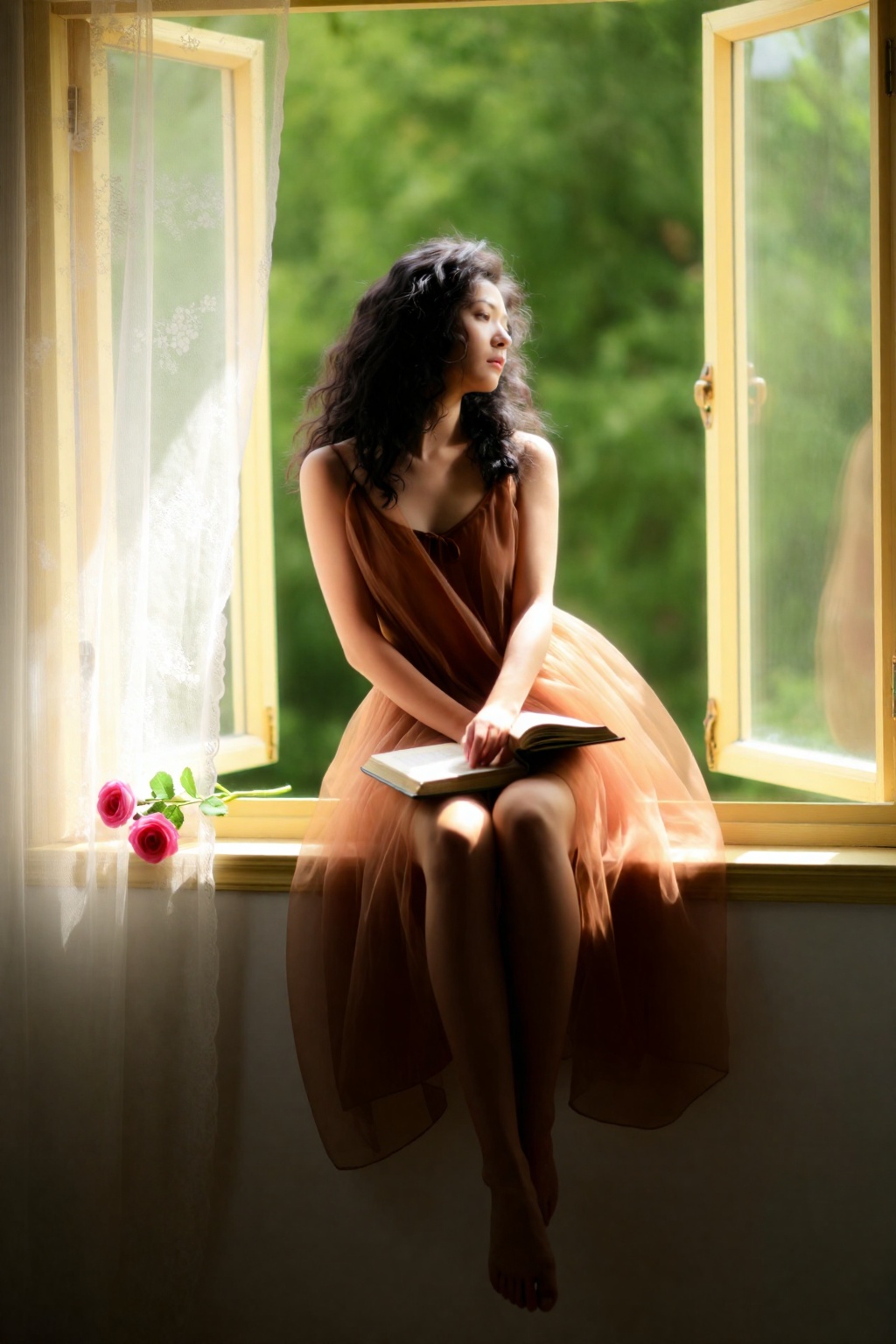 woman on windowsill soft sunlight wavy dark hair sheer brown dress gazing outside relaxed posture bare feet tranquility an...