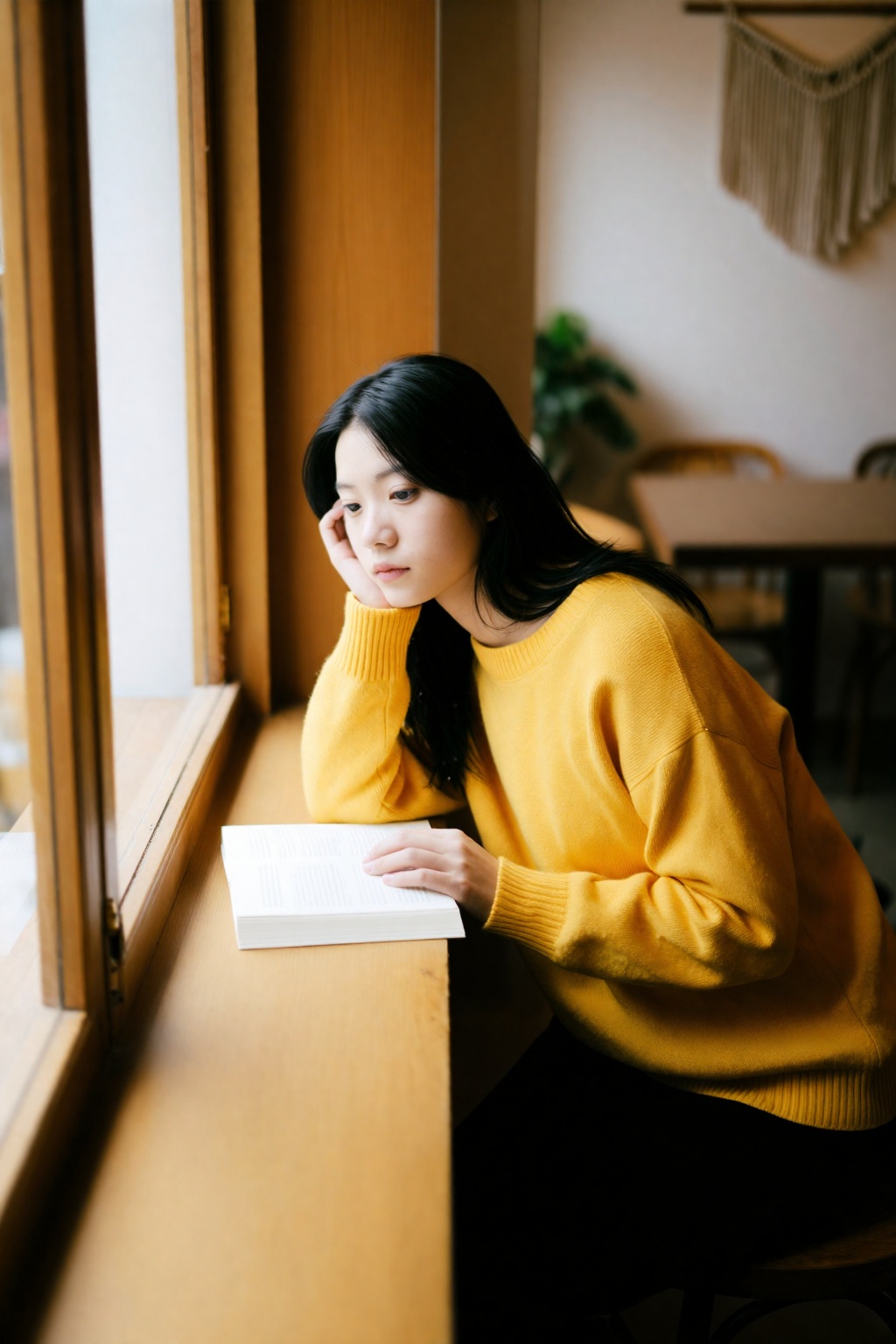young woman wooden windowsill cozy café mustard-yellow sweater geometric patterns long dark hair left hand cheek right han...