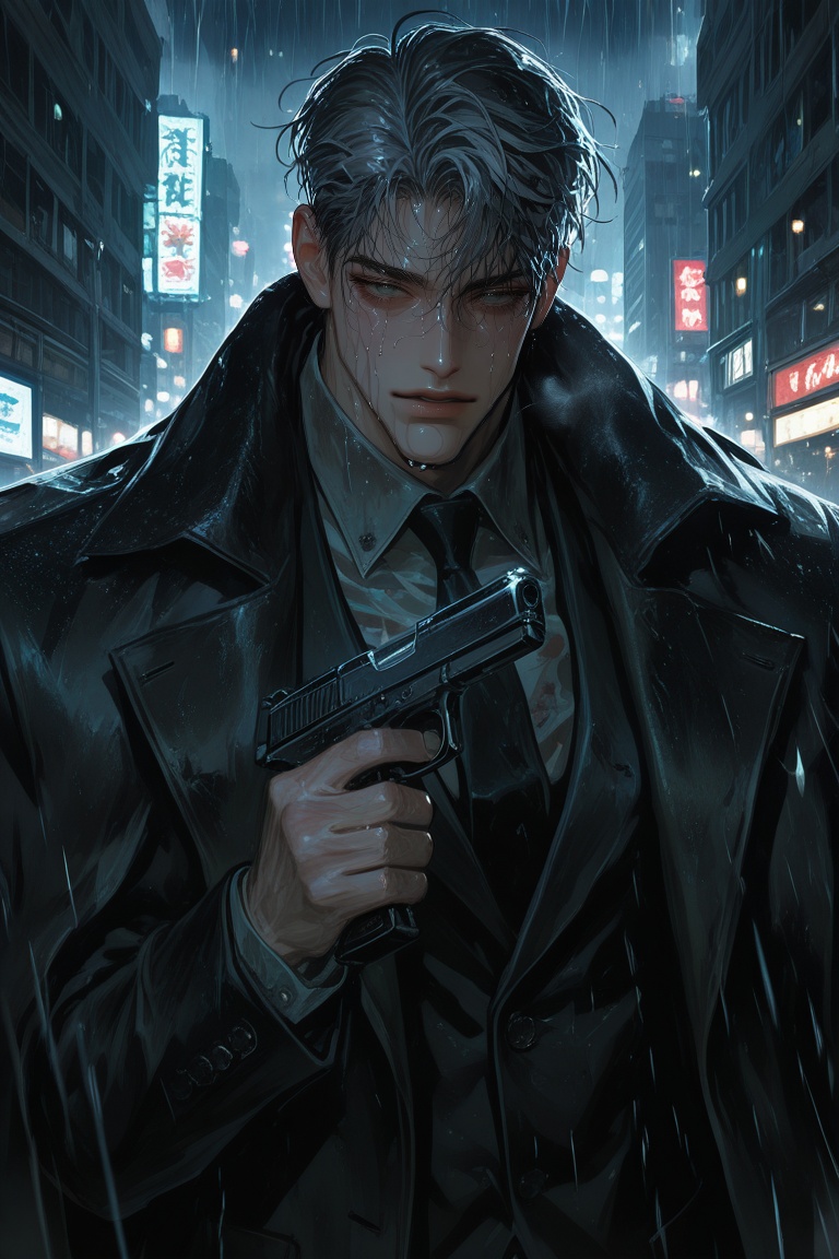 A digital paintinf of a man in a rainy city,  short gray hair soaked with rain,  twisted grin on Tensor.Art