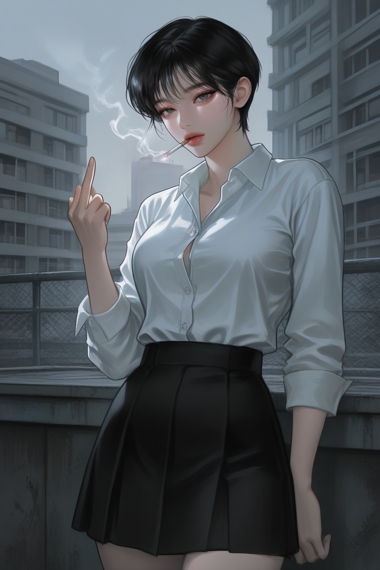 a young woman standing on a rooftop in a modern city,  short dark bob hair,  tired and cynical eyes on Tensor.Art