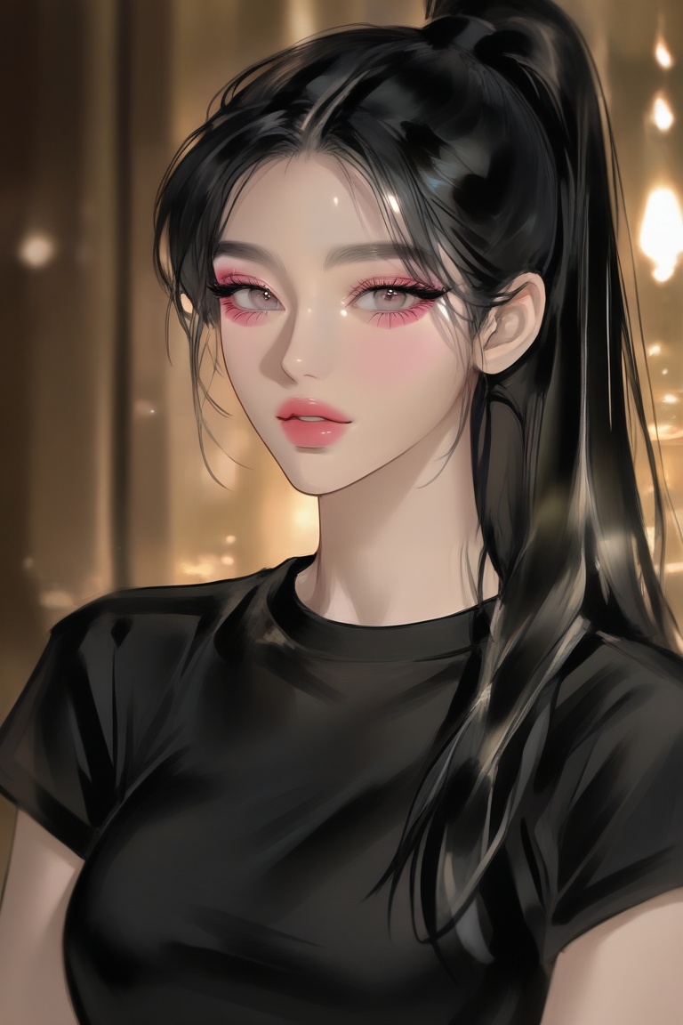 Digital art of a young woman with long flowing black hair tied in a high ponytail wearing a black t-shirt. She has light s...