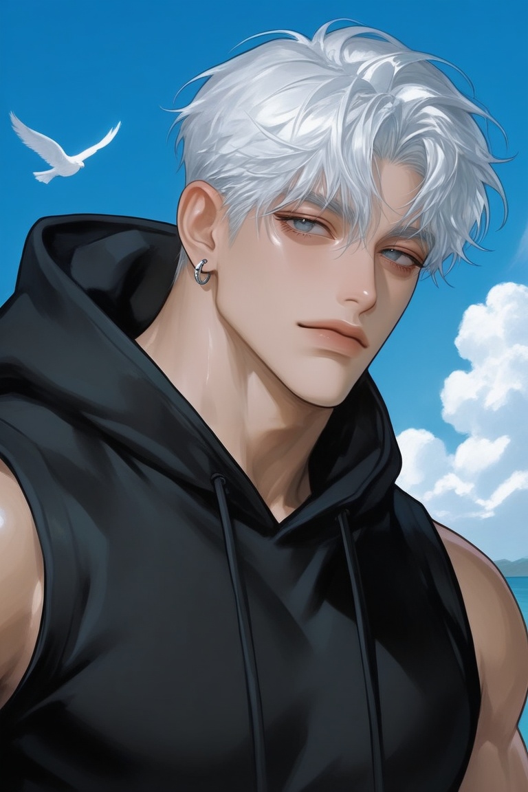 a muscular young man under a bright blue sky,  short silver-white hair,  sharp eyes on Tensor.Art
