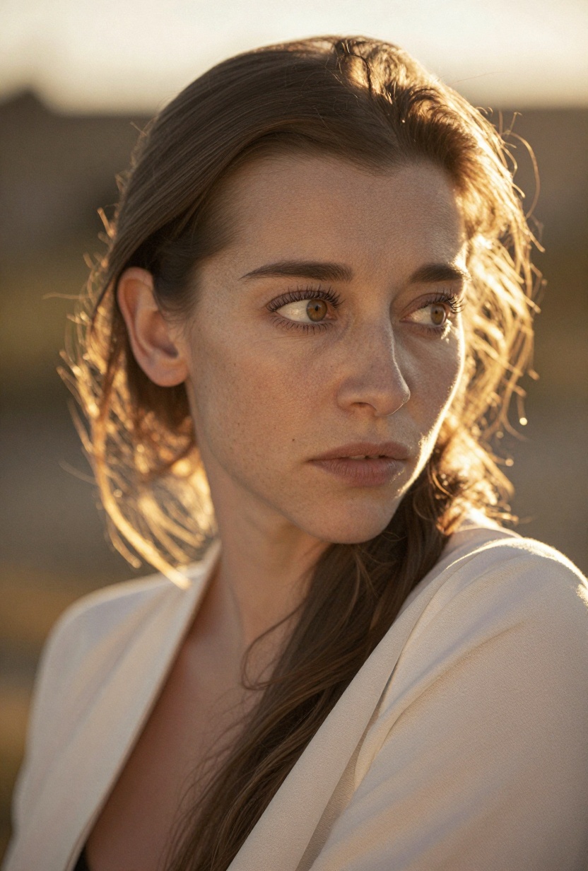 Tight unposed half body portrait of a woman,  authentic and relaxed expression,  looking slightly off-camera. Focus on her...